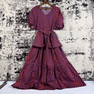 SCOOP‎ Girls L 12-14 Red Blue Geometric Print Ruffled Tiered Midi Dress Belted